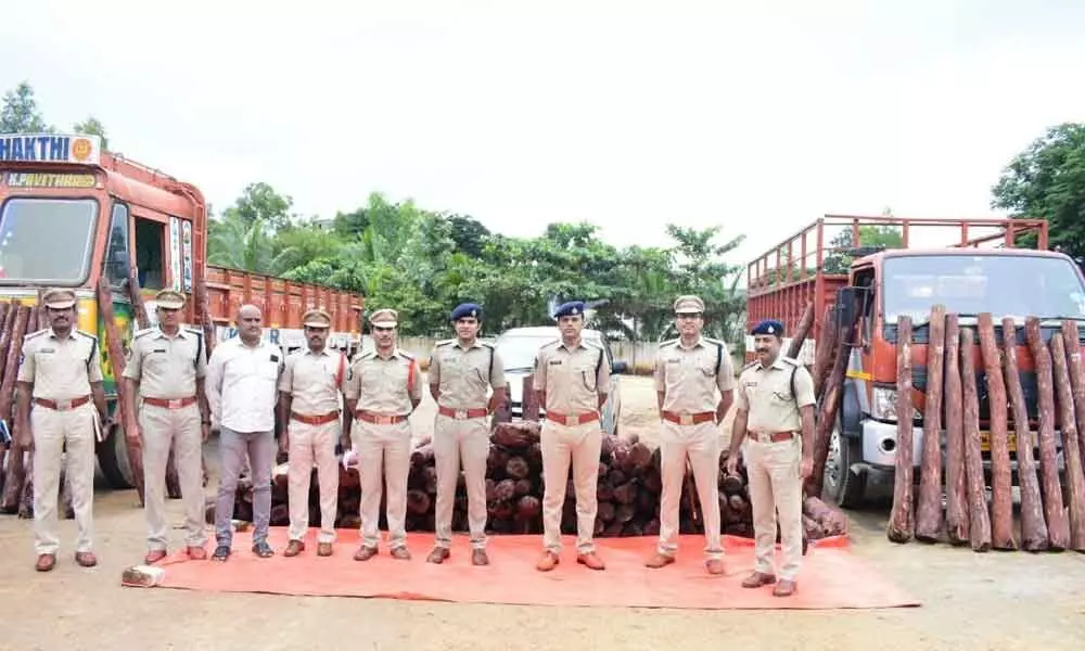 Police and Red Sanders Anti-Smuggling Task Force seize 168 red sanders logs during vehicle checking drive in Chittoor on Monday