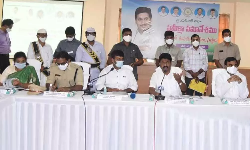 Education Minister and District In-charge Minister A Suresh addressing a press conference in Kadapa on Monday