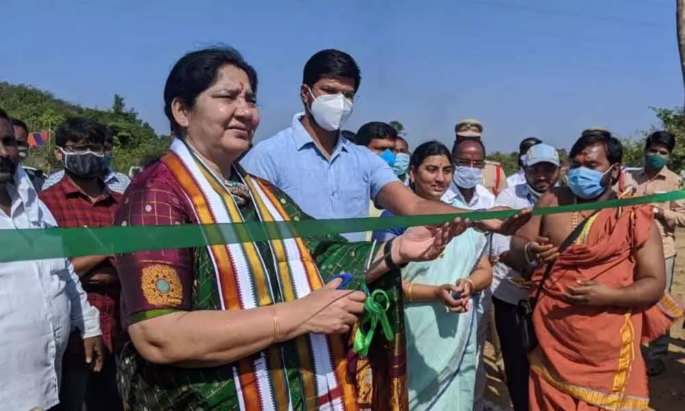 Tribal Welfare Minister Satyavathi Rathod inaugurating a sand sub-storage centre in Mahabubabad on Monday.  District Collector VP Gautham also seen