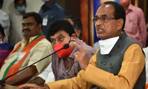 Madhya Pradesh Chief Minister Shivraj Singh Chouhan addressing the media at BJP State Office, in Hyderabad on Monday. 	Photo: N Shiva Kumar Meru