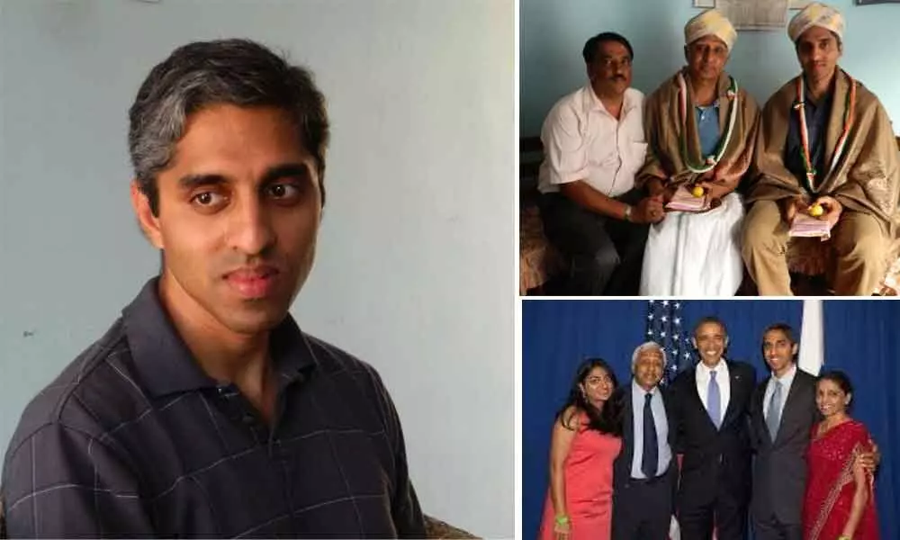 File photo of Dr Vivek Murthy and his father Dr H N Lakshminarsimha Murthy being felicitated for their philanthropic activities during their visit to Hallagere in Mandya district. His paternal uncle H K Vasanth Kumar is also seen; Dr Vivek, his father Dr H N Lakshminarsimha Murthy, mother Mythreyi and sister Dr Rashmi Murthy with Barak Obama