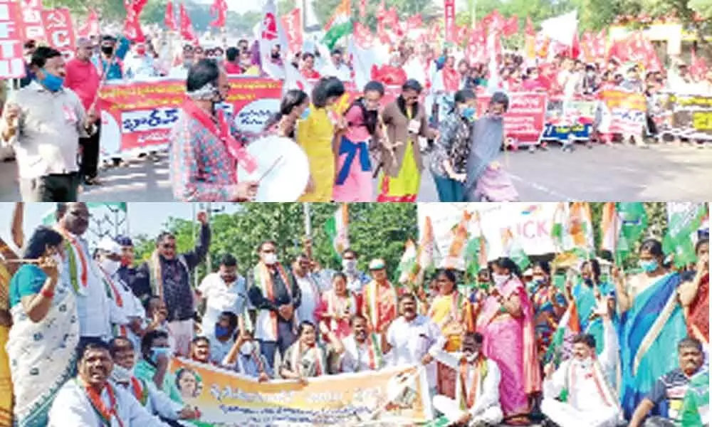Activists of the Left parties taking out a rally as a part of the Bharat Bandh in Visakhapatnam on Tuesday; Congress activists staging a rasta roko in Visakhapatnam on Tuesday
