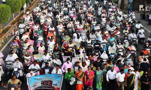 AP Women Commission Chairperson Vasireddy Padma and others participating in Mahila march in Vijayawada on Sunday