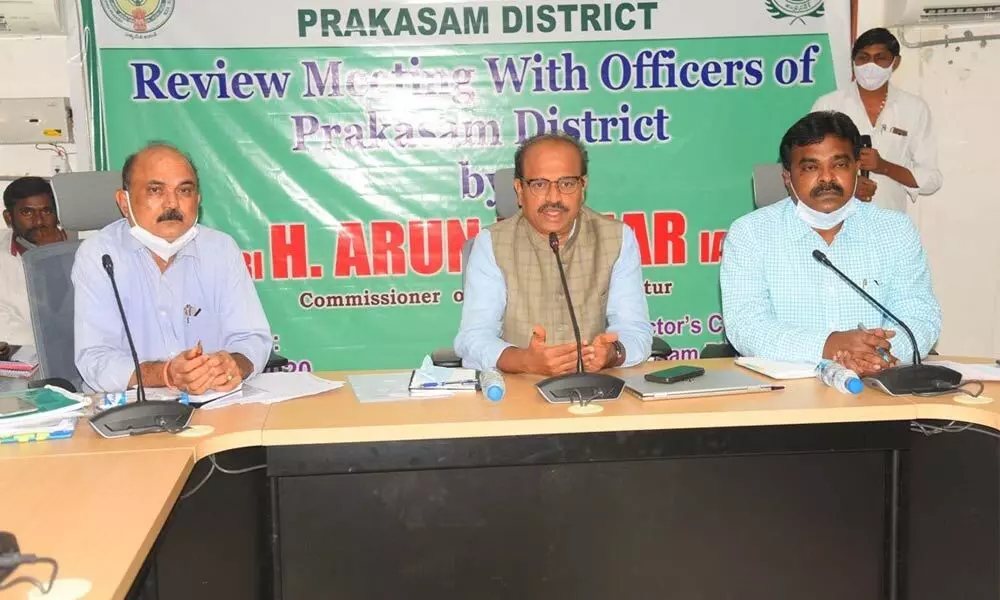 Agriculture department Commissioner H Arun Kumar conducting a review meeting with officials in Ongole on Wednesday