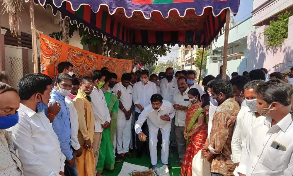 Rajya Sabha MP Badugula Lingaiah Yadav and MLA Shanampudi Saidi Reddy laying foundation stone for development works in Huzurnagar town on Wednesday