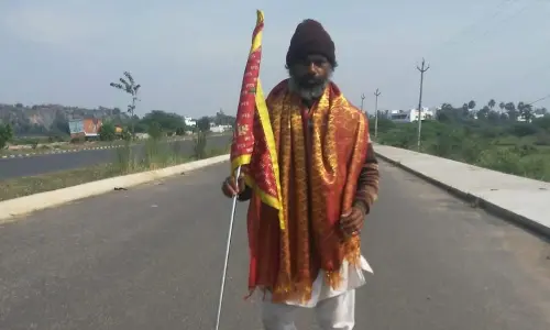 A Srinivas, who is on a trek to Tirupati from Kharagpur, in Visakhapatnam.