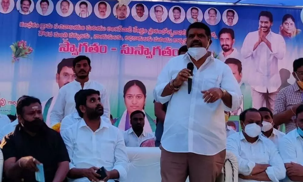 Tourism Minister Muttamsetti Srinivasa Rao speaking at a public meeting in Bheemunipatnam constituency on Thursday