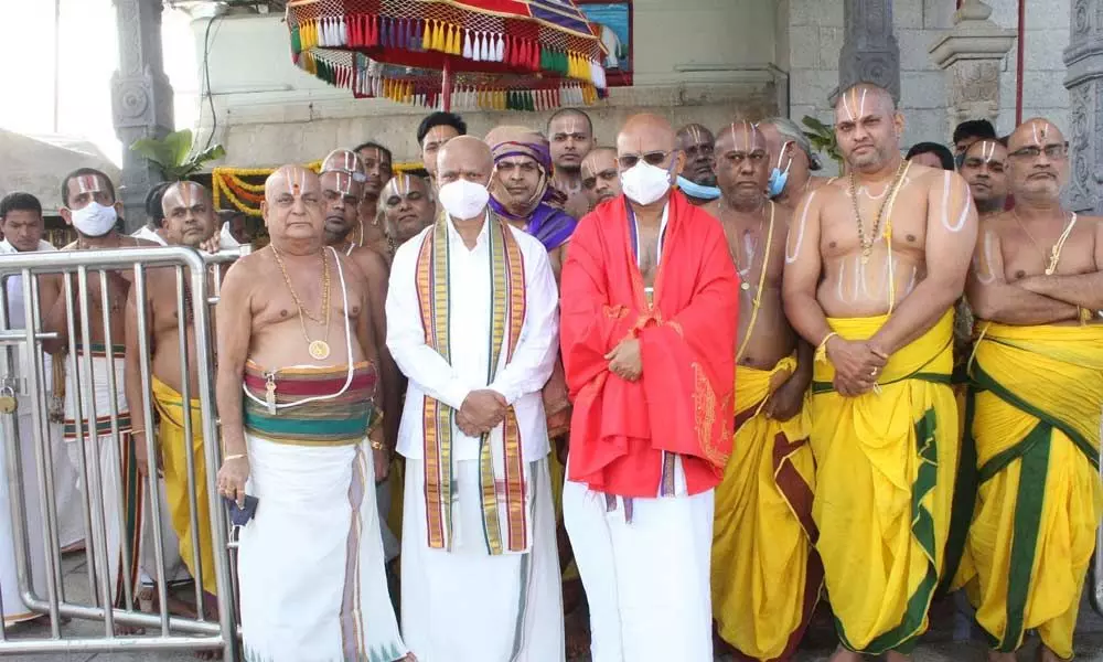 EO K S Jawahar Reddy, Addl EO A V Dharma Reddy and others at Balalayam Mahasamprokshnam to Varahaswamy temple at Tirumala on Thursday