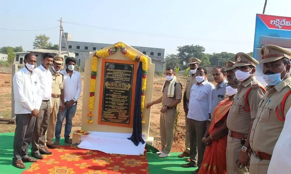 Superintendent of Police, Sunil Dutt laying foundation stone for the new building of a Police Station at Kothagudem on Thursday