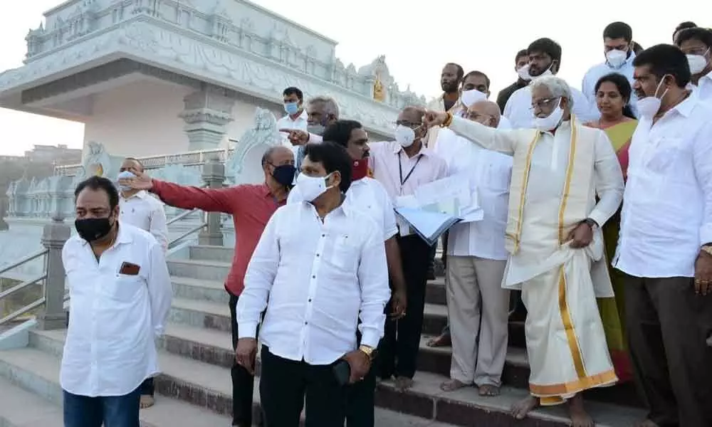 TTD Chairman Y V Subba Reddy and Tourism Minister Muttamsetti Srinivasa Rao visiting Lord Venkateswara temple under construction at Rushikonda in Visakhapatnam on Friday