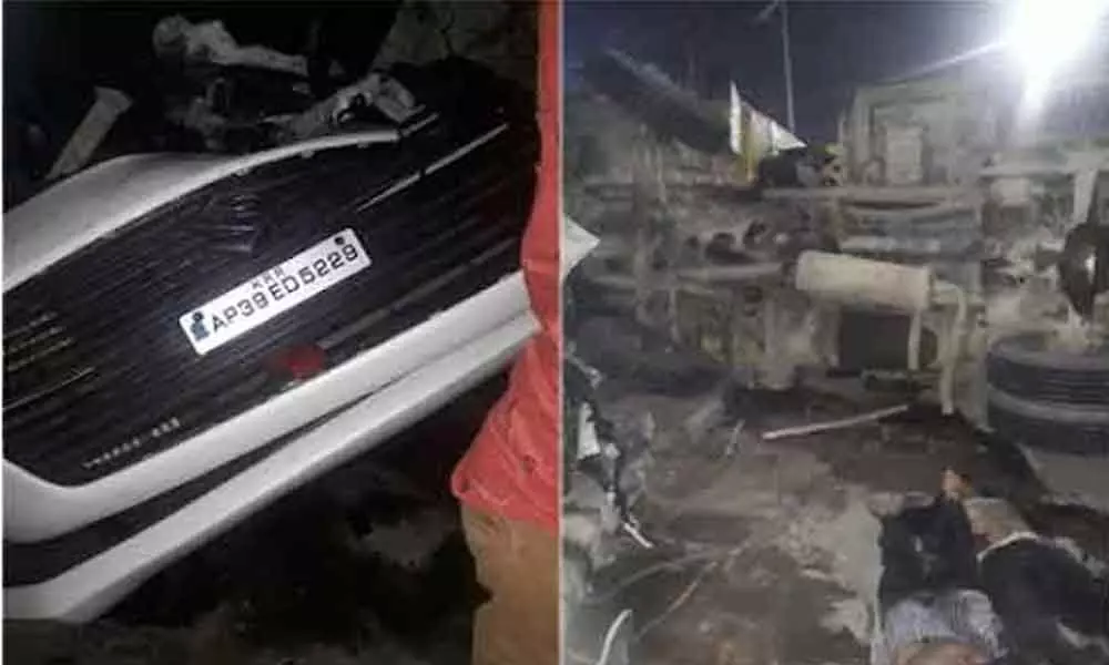 Five people were killed after the car they were travelling in hit by a lorry here at Wipro circle near Gachibowli in the wee hours on Sunday.