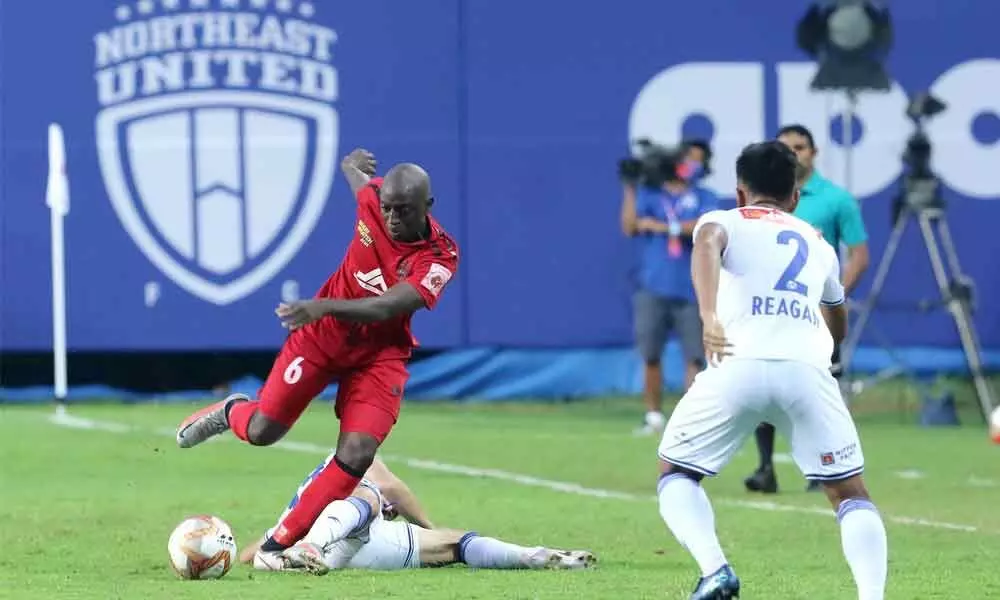 NEUFC’s Khassa Camara in action during the match against Chennaiyin FC at the Tilak Maidan Stadium in Vasco on Sunday