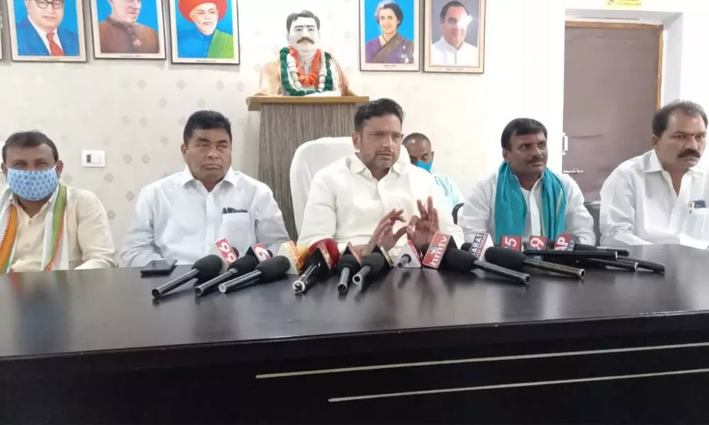 Congress leader and Manthani MLA D Sridhar Babu speaking at a press meet in Peddapalli on Sunday