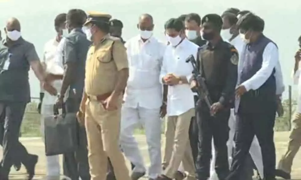 Chief Minister YS Jagan Mohan Reddy conducted an aerial survey at the Polavaram project construction site on Monday and inspected the ongoing constructions works.