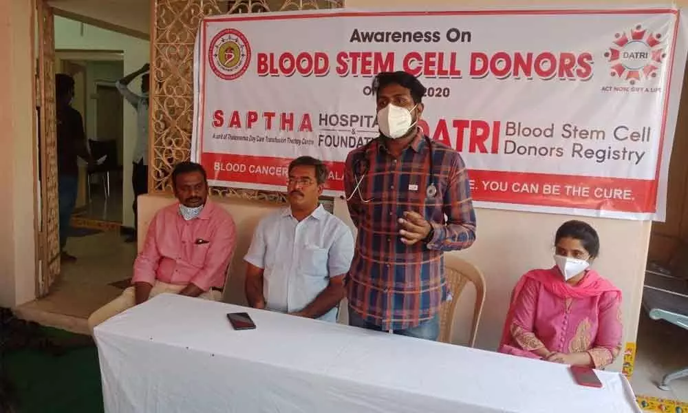 Dr Revuri Naveen addressing the awareness camp on blood stem cell donation in Vijayawada on Sunday