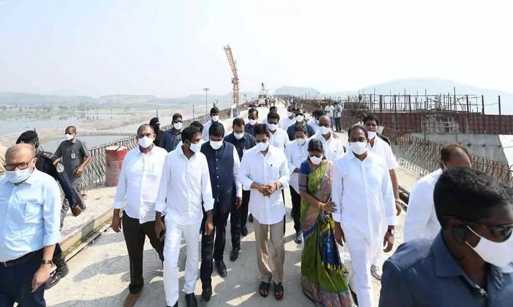 Chief Minister YS Jagan Mohan Reddy inspecting the works  of the Polavaram project on Monday