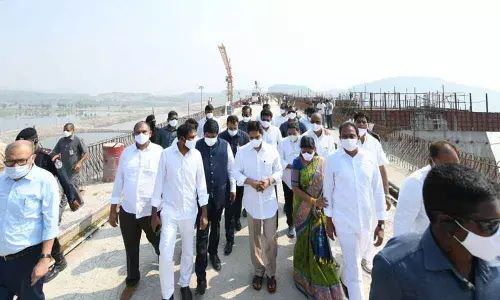 Chief Minister YS Jagan Mohan Reddy inspecting the works  of the Polavaram project on Monday