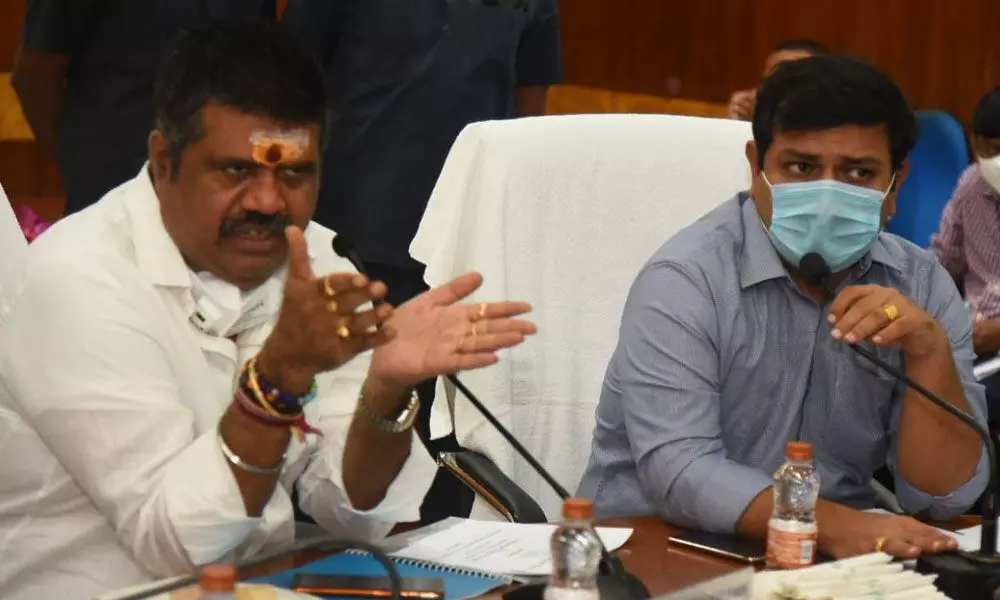 Tourism Minister Muttamsetti Srinivasa Rao speaking at a review meeting in Visakhapatnam on Tuesday