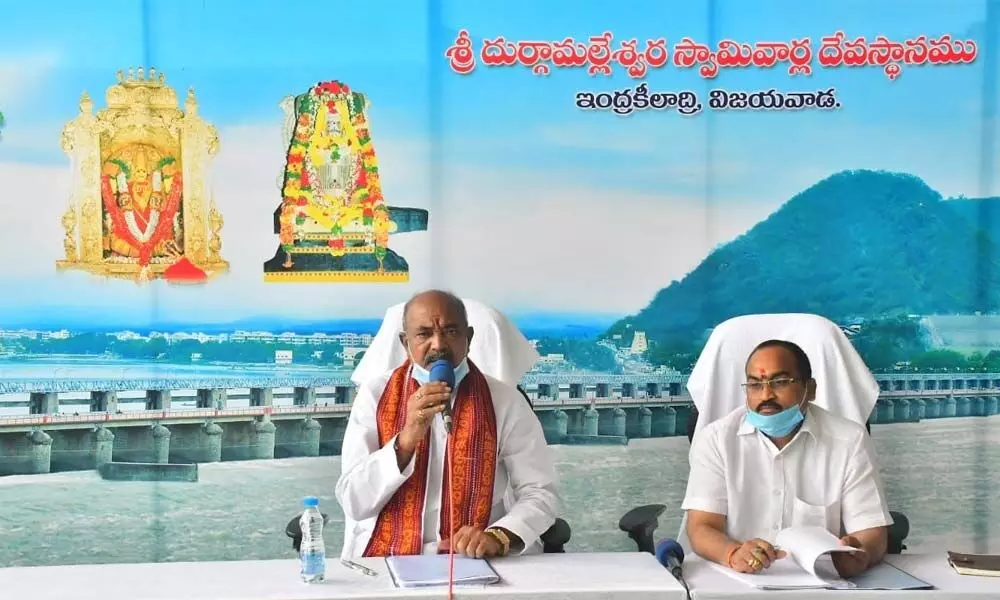 Durga Temple Trust Board chairman P Somi Naidu addressing the media in Vijayawada on Tuesday