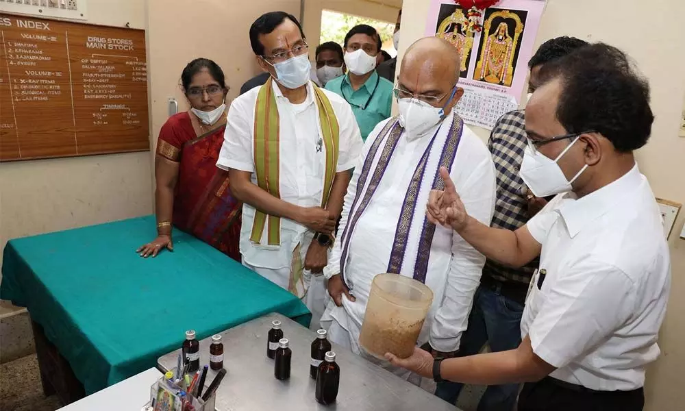 TTD Executive Officer  Dr K S Jawahar Reddy during a visit to Sri Venkateswara Ayurvedic College in Tirupati on Tuesday
