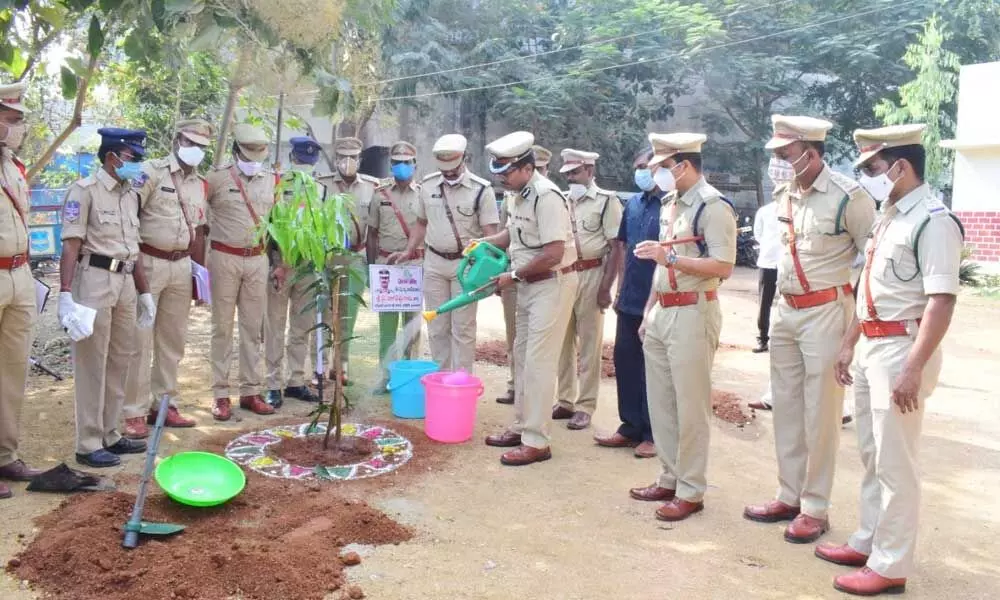 North Zone IGP Y Nagireddy watering a sapling after planting it on Nirmal rural police station premises on Tuesday