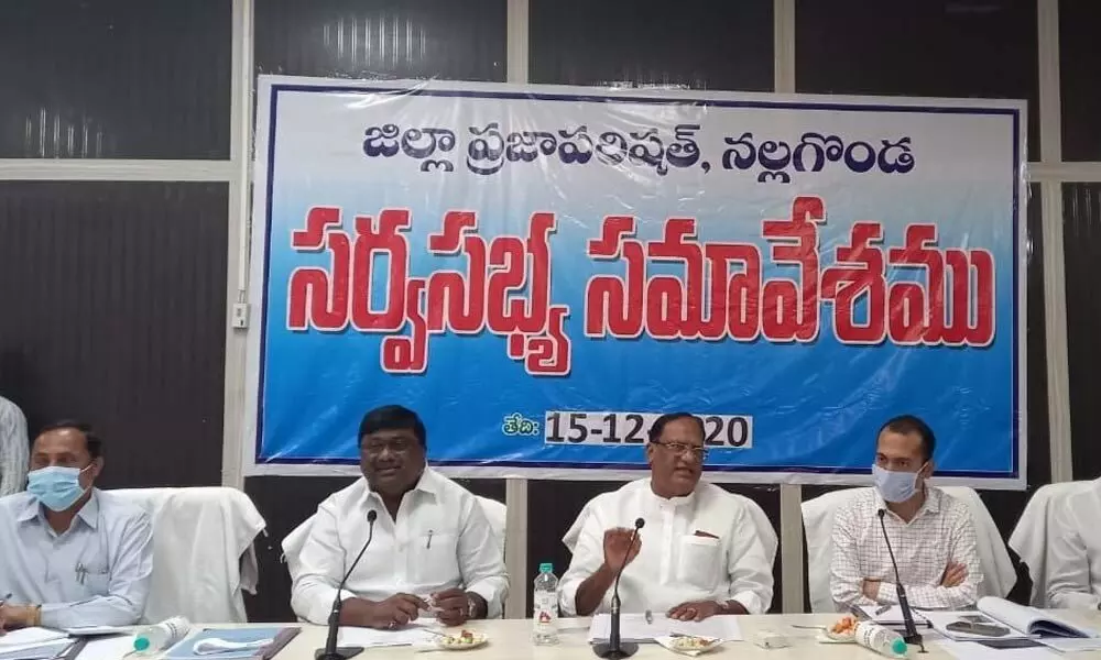 State Legislative Council Chairman Gutha Sukender Reddy addressing the members at ZP general body meeting in Nalgonda on Tuesday
