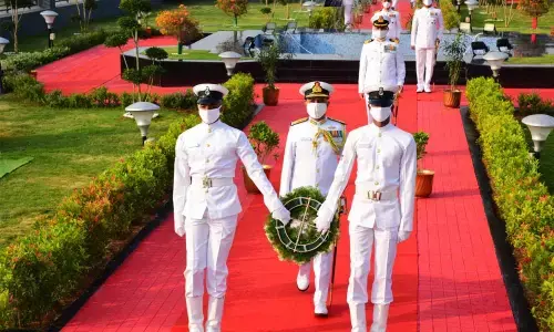 Director General of Naval Projects Vice-Admiral Kiran Deshmukh at Victory at Sea War Memorial on the Beach Road in Visakhapatnam on Wednesday