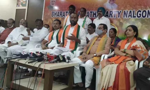 Dubbaka MLA Raghunandan Rao addressing the media at party district office in Nalgonda on Wednesday