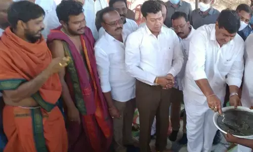 Deputy Chief Minister D Krishna Das (right) lays foundation stone for YSR Sujaladhara Integrated Water Scheme at Bendi village in Vajrapukotturu mandal in Srikakulam district on Wednesday. Minister for Animal Husbandry S Appala Raju is also seen.