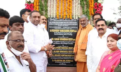 Cap: Deputy Chief Minister K Narayana Swamy, Ministers Goutham Reddy, Srinivasa Reddy, MLA K Govardhan Reddy and others laying foundation stone for a water scheme in Venkatachalam mandal on Wednesday