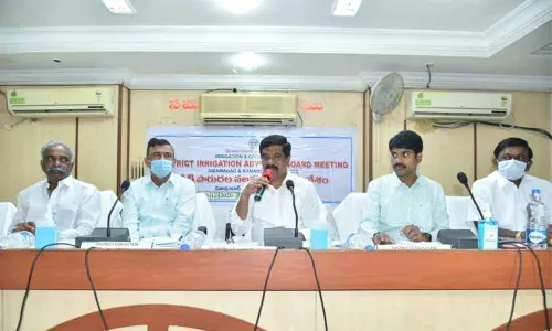 R&B Minister Vemula Prashanth Reddy speaking at a district irrigation advisory meeting at the Collectorate in Nizamabad on Wednesday