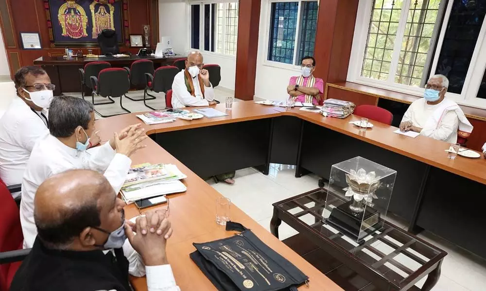 TTD EO Dr K S Jawahar Reddy conducting a review meet on Panchagavya products at TTD Administrative Building in Tirupati on Thursday