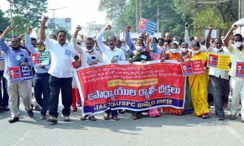 JACTO and USPC teachers’ union leaders taking out a protest rally in Khammam on Thursday