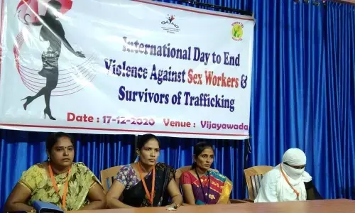 ILFAT State convenor Bhanupriya and others addressing media in Vijayawada on Thursday