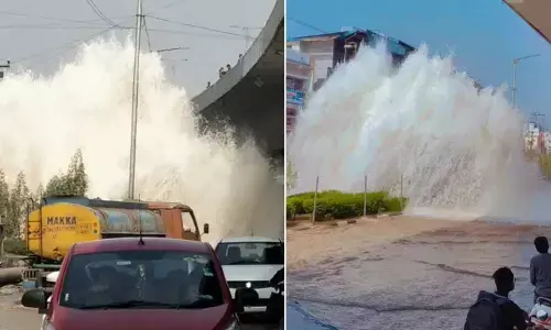 Water pipeline broken near Pillar no. 53 in Mehdipatnam .