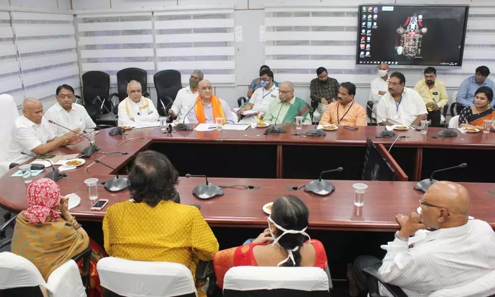 Additional EO  A V Dharma Reddy addressing music composers at Annamaiah Bhavan in Tirumala on Sunday