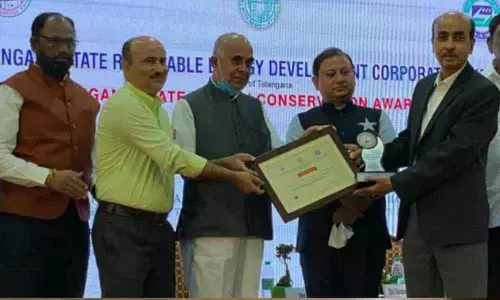GM (O&M) AK Samaiyar and AGM (EEMG) Manoj Kumar Jha of NTPC Ramagundam receiving the award from Sandeep Kumar Sultania, Secretary to Govt, Energy Department, Govt of Telangana and D Prabhakar Rao, CMD-TSTRANSCO at a programme in Hyderabad on Sunday