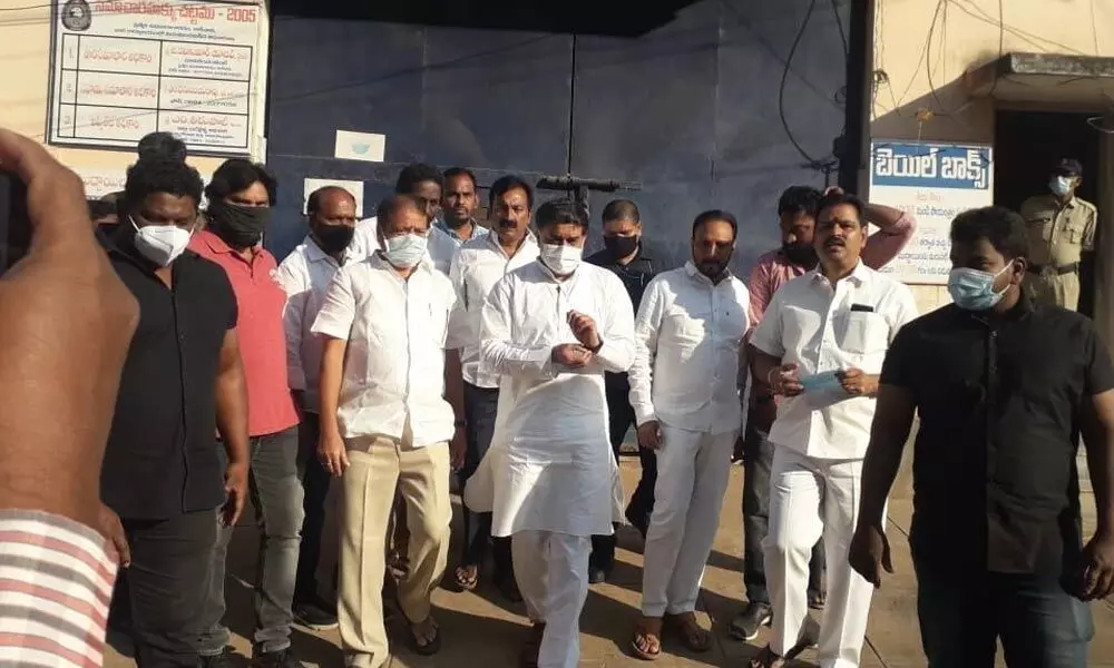 Jana Sena Political Affairs Committee Chairman Nadendla Manohar along with the party workers on Monday