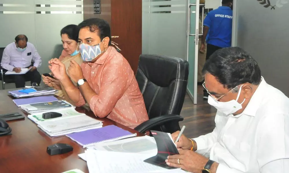 Municipal Administration Minister KT Rama Rao holding a meeting with Ministers and public representatives of Warangal in Hyderabad on Monday