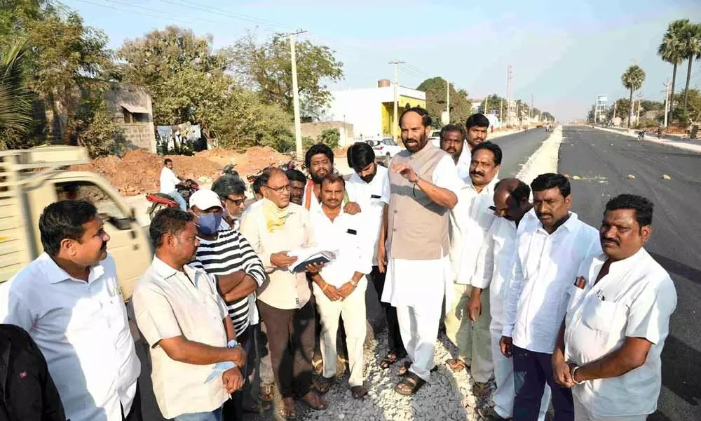 Nalgonda MP and TPCC chief N Uttam Kumar Reddy examining the national  highway works in Huzurangar constituency on Monday