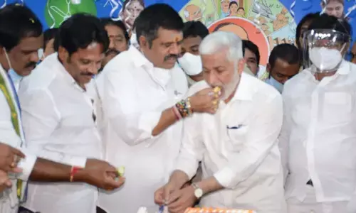 Tourism Minister Muttamsetti Srinivasa Rao sharing a piece of cake with MP V Vijayasai Reddy as part of Chief Minister Y S Jagan Mohan Reddy’s birthday celebrations in Visakhapatnam on Monday