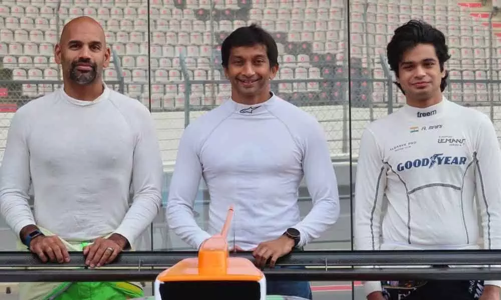 Narain Karthikeyan (centre), Arjun Maini (right) and Naveen Rao, will take part in the 2021 Asian Le Mans Series in Abu Dhabi