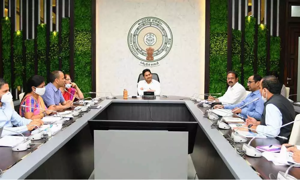 Chief Minister Y  S Jagan Mohan Reddy holding a review meeting on Nadu-Nedu (Health) at his camp office in Tadepalli on Tuesday