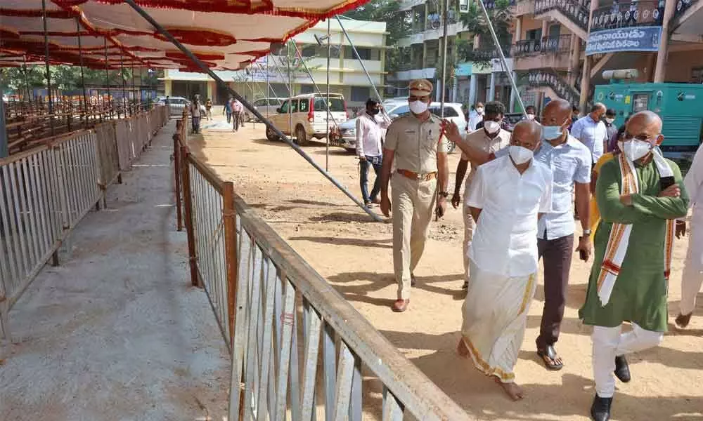 TTD EO Dr K S Jawahar Reddy along with Additional EO A V Dharma Reddy inspecting the token issuing centres for Vaikunta Dwara Darshan in Tirupati on Tuesday