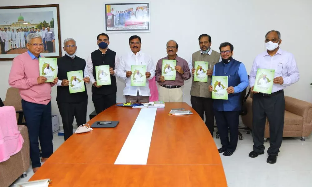 Agriculture Minister S Niranjan Reddy  along with Dr V Praveen Rao, vice-chancellor, PJTSAU and others releasing a report on ‘Marketing Strategy for Telangana Sona Rice’ in Hyderabad on Tuesday