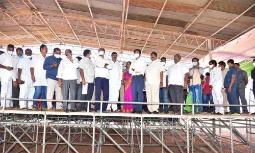 Deputy Chief Minister Dharmana Krishna Das, Rajya Sabha Member Pilli Subhash Chandra Bose, Kakinada MP Vanga Geetha, Agriculture Minister Kurasala Kannababu, BC Welfare Minister Chelluboina Venu Gopala Krishna, District Collector D Muralidhar Reddy, Superintendent of Police Adnan Nayeem Asmi, MLA Dwarampudi Chandrasekhar Reddy and others inspecting the arrangements for Chief Minister Jagan Mohan Reddy’s visit to Komaragiri village in U Kothapalli mandal on Tuesday