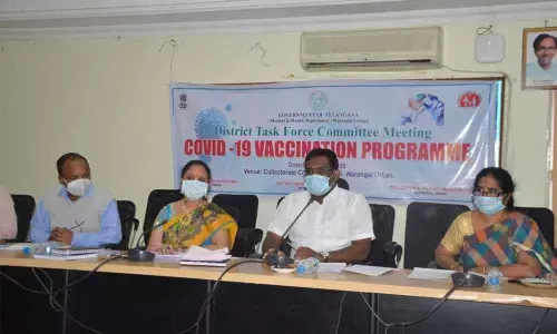 Warangal Urban District Collector Rajeev Gandhi Hanumanthu speaking at a review meeting