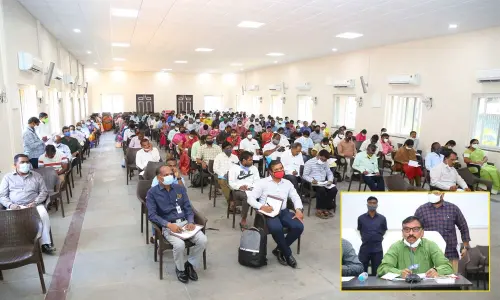 Collector Dr Pola Bhaskara addressing the meeting with agriculture and Velugu officials in Ongole on Wednesday
