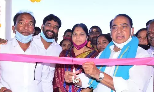 Forest and Endowments Minister Allola Indrakaran Reddy inaugurating gram panchayat building in at Kondapur village on Wednesday. ZP chairperson Koripelli Vijayalakshmi also seen