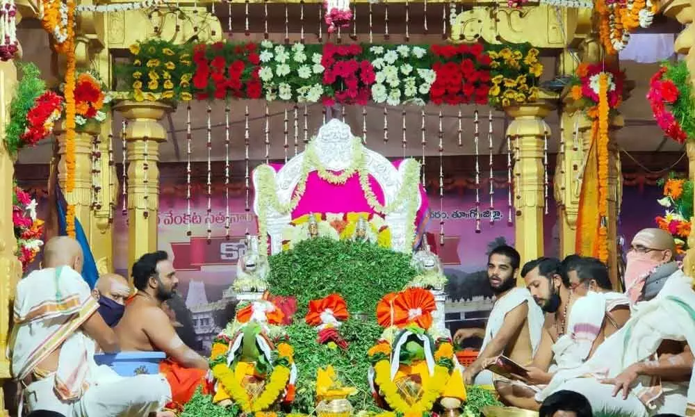 Koti Tulasi puja being performed at Annavaram temple on Thursday